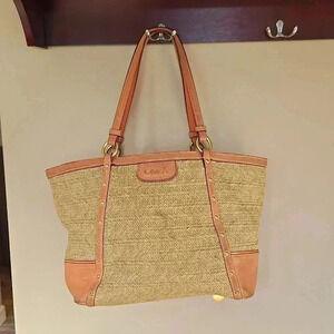 Coach F21959 Alexandra Python Studded Coral Straw Tote Shoulder Bag Purse